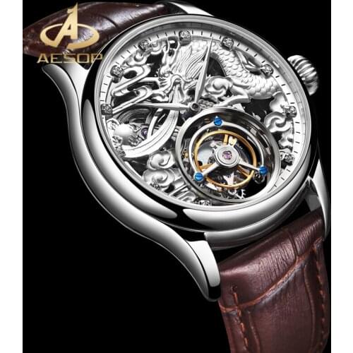 AESOP AAA++ Real Tourbillion Mechanical Watches Silver Dragon Fashion Design Mens Watch Sapphire Glass Skeleton Waterproof Watch