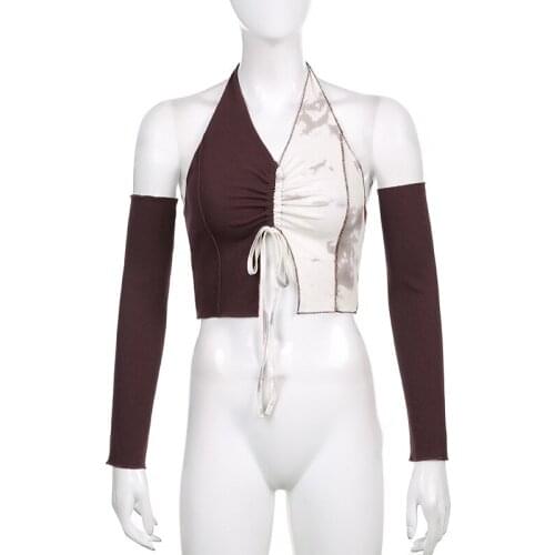 Personalized tie-dye stitching contrast color drawstring adjustable split with sleeve hanging neck top