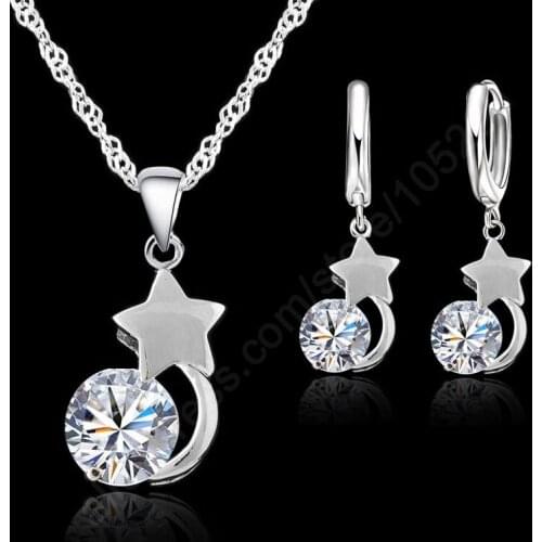 Jewelry Sets Genuine 925 Sterling Silver Cubic Zirconia Crystal Stars Moon Pendant Necklaces Leverback Ear Earring