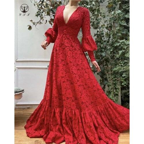 Designer Vestidos De Fiesta Plunging V Neck Long Sleeve Floor Length Lace Evening Dresses 2020