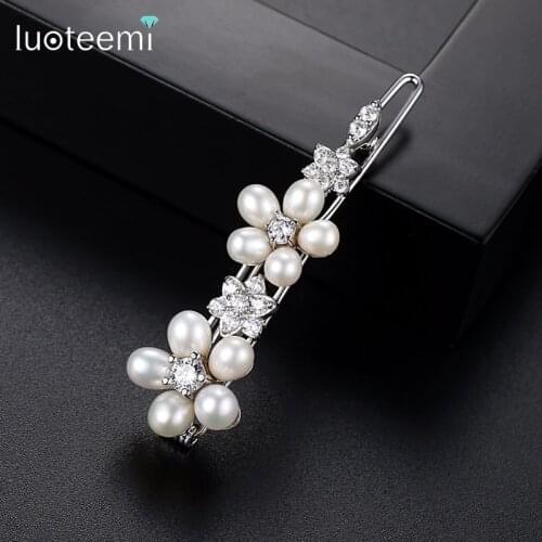LUOTEEMI 2017 Fashion European Design Natural Pearls Flower Hair Accessories For Women Luxury CZ Bridal Wedding Hair Clips