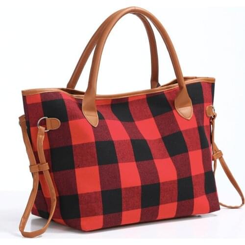 Fashion Oversized PU handle Buffalo Plaid women Tote Bag Personalize Heat Press Vinyl Leopard Handbag With PU handle