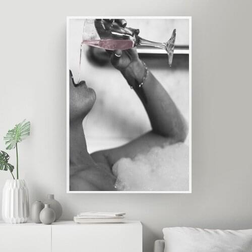 Fashion Woman Drinking Rose Champagne In Bubble Bath Canvas Prints Modern Painting on The Wall Picture Poster for Bathroom Decor