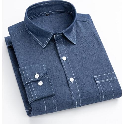 2021 Spring New MenS Business Casual Denim Shirt High Quality Fashion Brand Long Sleeve Shirt Solid Color Double Pocket Clothes