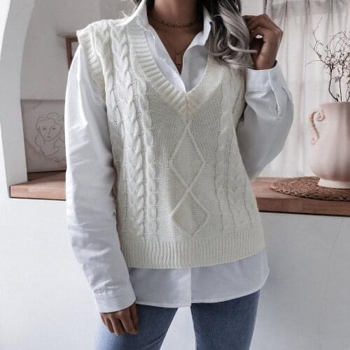 Chifirena 2021 Autumn Knitted Twist Tanks Top Sweaters Loose Women Jumper V Neck Pollovers White Casual Knitwear Vest Sweater