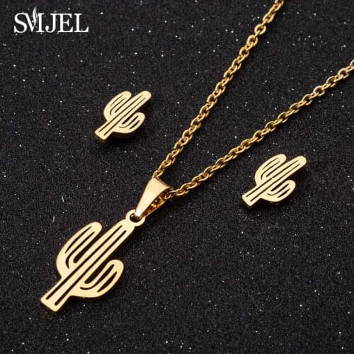 SMJEL Stainless Steel Cactus Necklace Pendants for Women Cute Natural Plant Jewelry Set Small Stud Earing Piercing Men Gift
