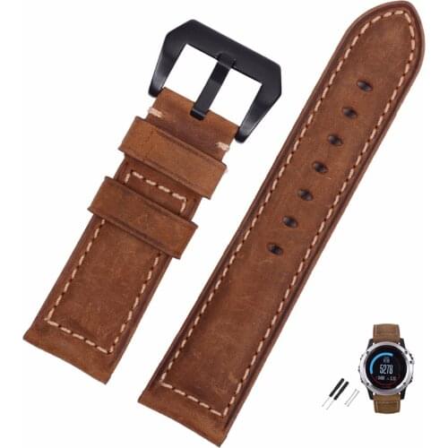 EACHE 26mm Handmade Matte Vintage Genuine Leather Watchband Replacement Watch Strap Fit For Garmin Fenix 3 Silver Black Buckle