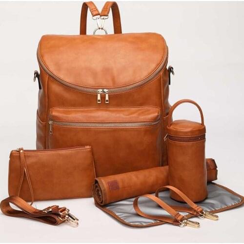 2020 Baby Diaper Bag Solid PU Leather Mummy Maternity Bag Large Capacity Travel Back Pack Stroller Bags with Changing Pad