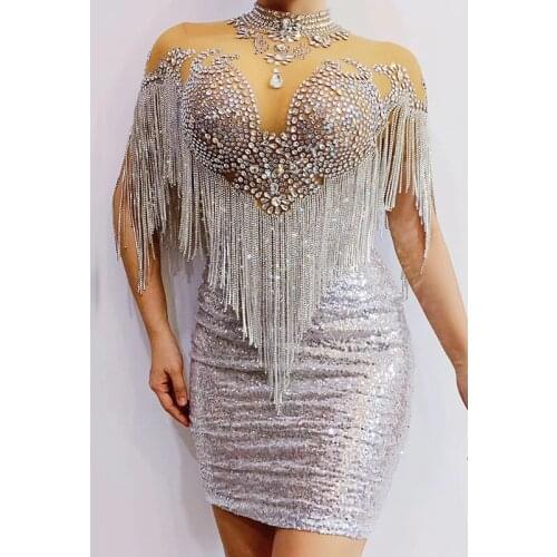 Flashing Rhinestones Fringe Sequins Dress Womens Birthday Celebrate Evening Outfit Dancer Bar Prom Dress DWY3264