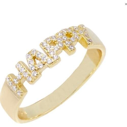 Unique design jewelry gold colorful cz paved happy breathe letter word women finger band ring