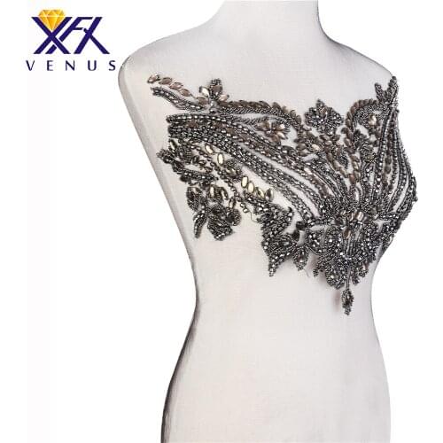XINFANGXIU 1Pcs Handmade Black Rhinestone Patch Beaded Applique Large Size Wedding Dresses Accessories Embroidery Trimming
