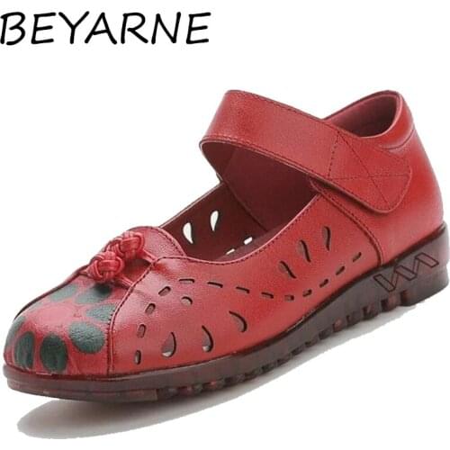BEYARNE Promotion New Printing Hollow Genuine Leather Shoes Fashion Sandals Flat Comfort Soft Bottom Summer Sandals Women Sandal