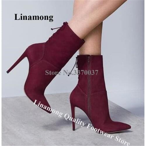 Women Fashion Pointed Toe Suede Leather Stiletto Heel Short Gladiator Boots Back Lace-up Zipper High Heel Ankle Booties