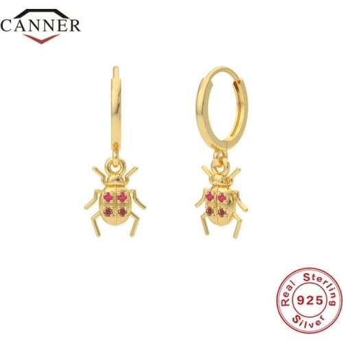 CANNER 925 Sterling Silver Ladybug Pendant Piercing Dangle Drop Earrings Ring for Women Round Earring Party Rings Fine Jewelry