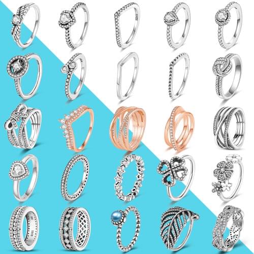 2021 Trendy Finger Ring Real 925 Silver Rings Infinite Flower Sparking Zircon Princess Wishbone Heart Ring Popular Women Rings