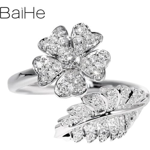 BAIHE Solid 14K White Gold 0.32ct Natural Diamonds Women Wedding Trendy flower leaf Ring Fine Jewelry Beautiful diamond Ring