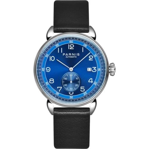 Fashion Parnis 42mm Blue Dial Automatic Mechanical Mens Watch Silver Case Calendar Men Watches top luxury brand 2020 Man Clock