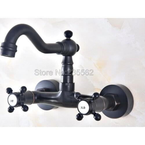 Black Oil Rubbed Brass Kitchen Sink Faucet Wall Mounted Double Handle Bathroom Basin Cold And Hot Mixer Tap Lnf451