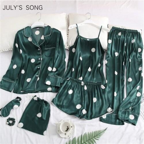 JULYS SONG 2020 Women 7 Pieces Pajamas Sets Stain Faux Silk Pajamas Women Sleepwear Sets Autumn Winter Tops+Shorts+Shirt+Pants