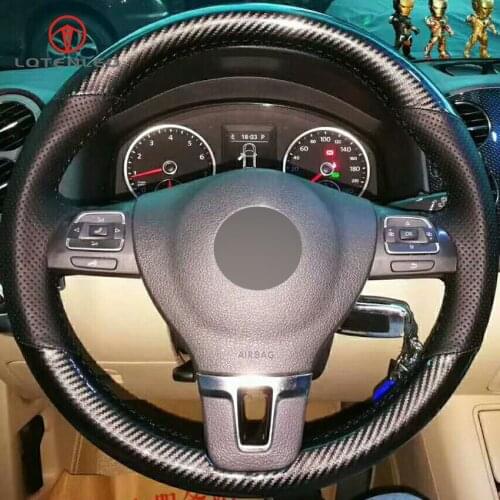 LQTENLEO Carbon Fiber Leather Black Leather Steering Wheel Cover for Volkswagen Golf Tiguan Passat B7 Passat CC Touran Jetta Mk6