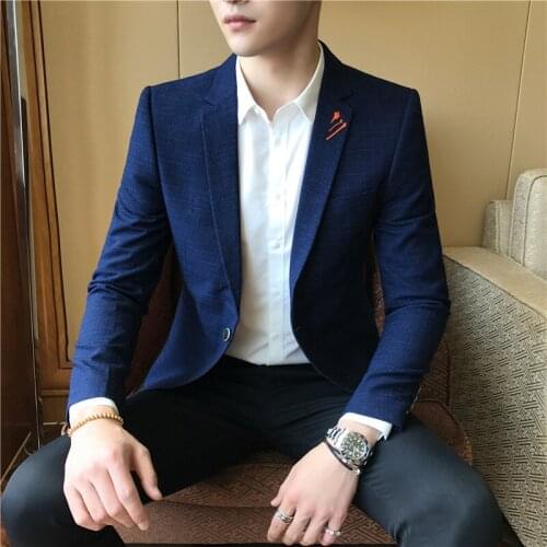 2020 Fall Mens Casual Plaid Small Suit Korean Slim Jacket Suit Solid Color Formal Wedding Tuxedo Mens One-piece Suit