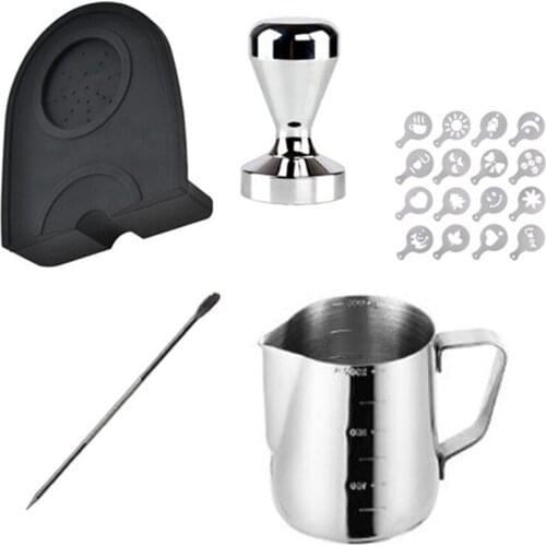 Set of Espresso 58MM Coffee Tamper Mat Silicone Rubber Tampering Corner Mat Coffee Maker with 350ML Milk Jug and Art Pen