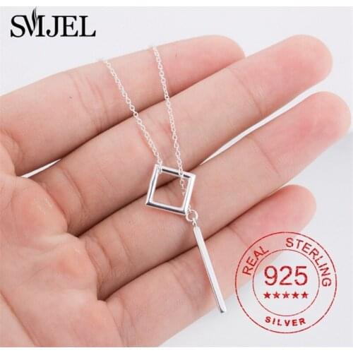Genuine 925 Sterling Silver Necklaces for Women Wedding Jewelry Silver Square Circle Bar Necklace Y style Chain Sweater Necklace