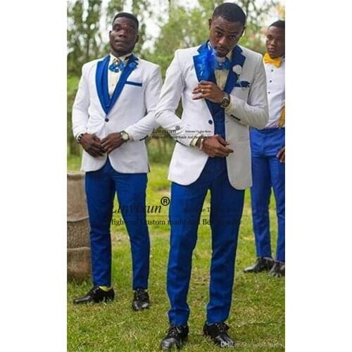 Slim Fit White Groom Tuxedos With Royal Blue Lapel Groomsman 3 Piece Men Prom Business Suit Jacket Blazer(Jacket+Pants+Vest)