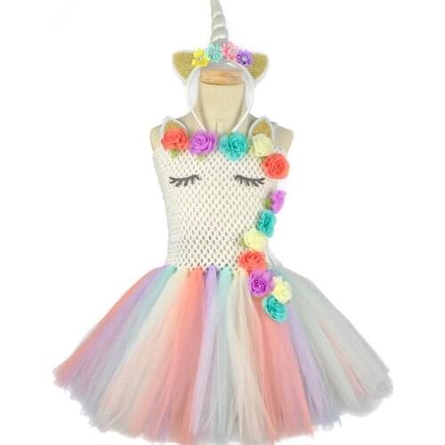 Girls Pastel Rainbow Unicorn Flower Tutu Dress Kids Crochet Tulle Dresses with Headband Children Party Cosplay Costume Dress