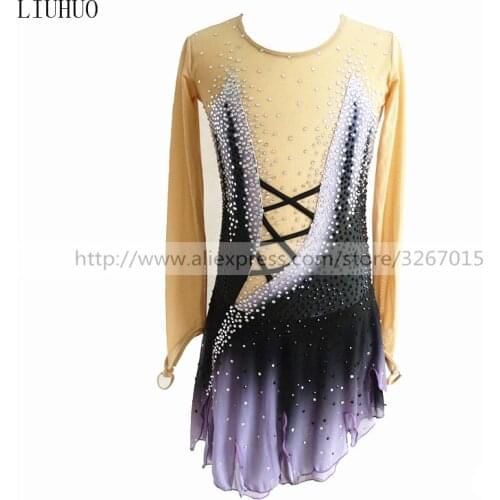 Figure Skating Dress Womens Girls' Ice Skating Dress Black gray gradient color Round neck long sleeve Oblique skirt Mature