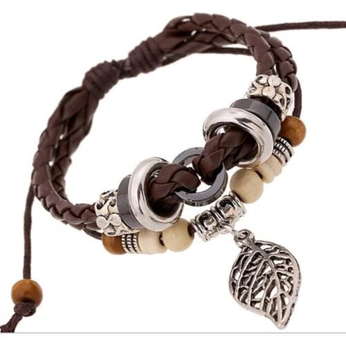 Handmade Braid Retro Leather Bracelet for Woman Femme Bracelet Men Wood Beads Alloy Leaf Pendent Charm Bracelets Bangles Jewelry