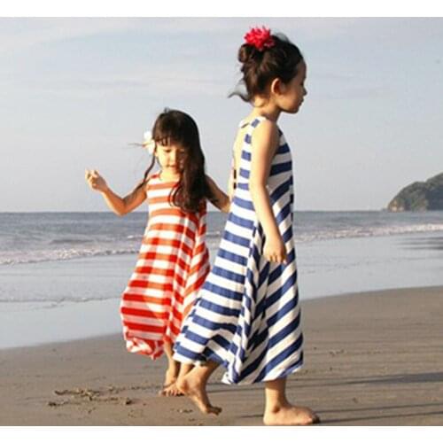 Summer Girls Beach Dress Casual Blue/orange White Stripe Backless Kids Dresses for Girls Clothing Children Casual Sundress Boho