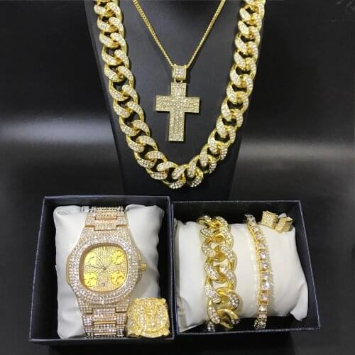 Luxury Men Gold Color Watch Hip Hop Men Necklace & Watch & Braclete &Ring&Earrings Combo Set Ice Out Cuban Chain Hip Hop For Men
