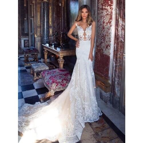 Luxurious Mermaid Wedding Dresses Sleeveless Boho Bride Dresses Lace Appliqued Vestido De noiva