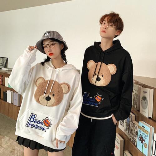 Bear Pattern Long Sleeve Hoodie Couple Wear Oversized Korean Winter Long Sleeve Hoodie Harajuku