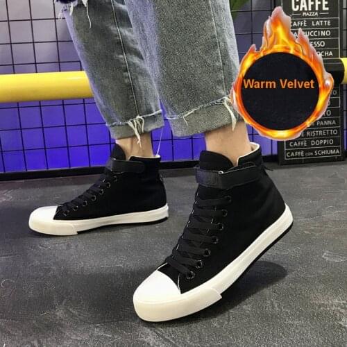 New Winter High-top Canvas Shoes Men Women Korean Version Black Plus Velvet Warm Buckle Cotton Shoes Casual Shoes EUR 35-44