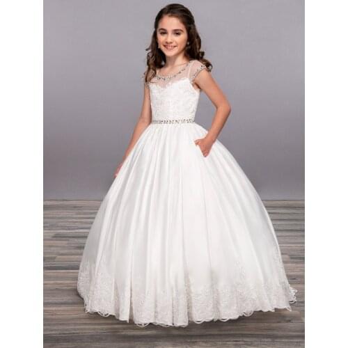 Illusion Girl Dresses for Wedding Ball Gown Short Sleeve Applique Tulle Beading Party Baby Gown White Stock