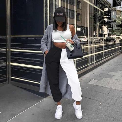 Personality Fashion Women New High Waist Loose Running Gym Pants Patchwork Black and White Fitness Ladies Sports Trouser