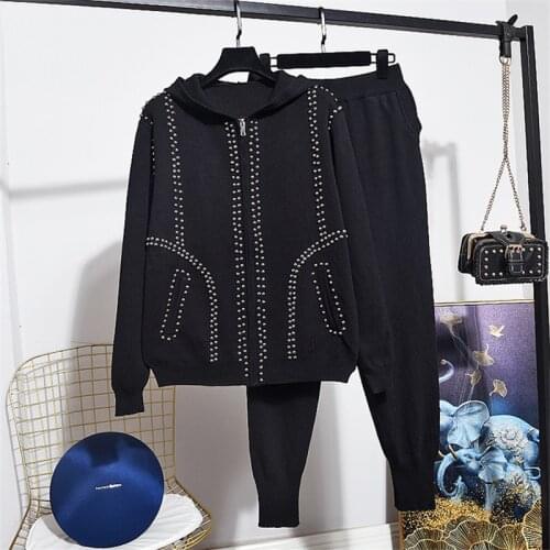New Spring Autumn Women Fashion Beaded Hooded Long sleeve knitted Cardigan Sweater + Casual Long Pants Ladies 2 Piece Tracksuit