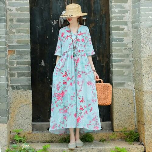 Vintage Print Floral Dress 2021 New Arrival Thin Soft Cotton Linen Loose Summer Dress Holiday Travel Casual Women Long Dress