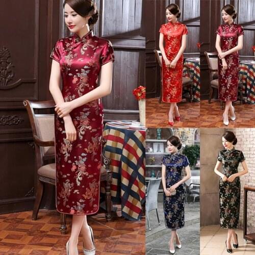 2020 Summer Autumn Women Short Sleeve Dragon Phoenix Print Chinese Cheongsam Banquet Midi Dress Womens Clothing женское платье