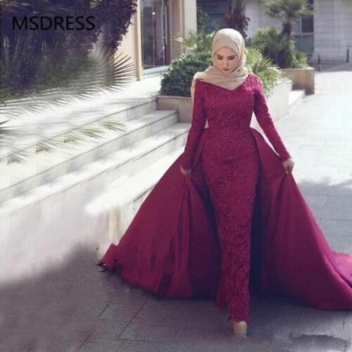 Long Sleeves Lace Beaded Formal Prom Dress Women Detachable Train Islamic Dubai Saudi Arabic Muslim Mermaid Hijab Evening Dress