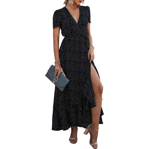 Vintage Floral Print Maxi Dress Women Boho Short Sleeve Long Dress Turn Down Collar Casual Shirt Dresses Robe