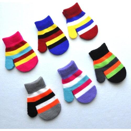1-4 year old kindergarten children winter cold and warm knitted gloves, color-blocking stripes, woolen gloves