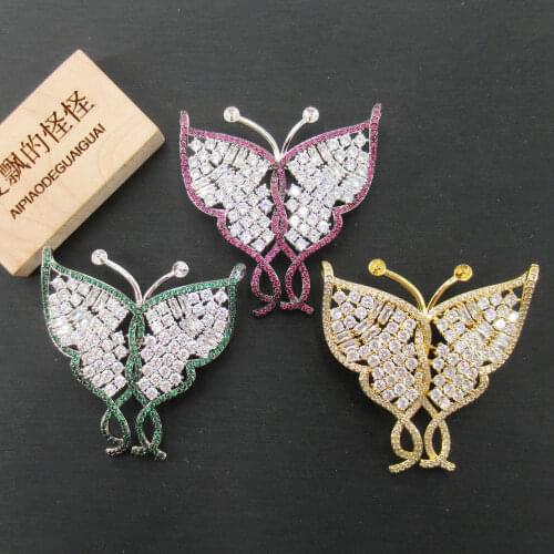 APDGG 48x52mm Mixed Color gold plated Cz micro Crystal butterfly brooch