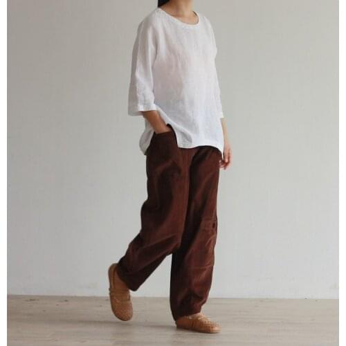 Women Autumn Winter Corduroy Cotton Wide leg Pants Ladies Patchwork Elastic Waist Trousers Female Vintage Retro Pants