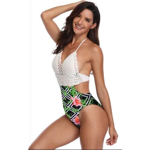 One Pieces Swimsuit Women 2019 Swimwear Sexy Hollow Stitching Knitting Print Bathing Suit Female Swimming Bodysuit Swim Wear