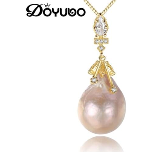 DOYUBO Luxury Womens Large Water Drop Baroque Pearl Pendant Necklace Real Silver Freshwater Charms Necklace Jewelry VA251