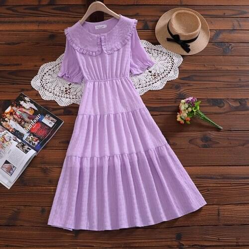 Japan style elegant midi dress 2020 new arrival cute sweet dress mori girl summer fashion short sleeve solid dress