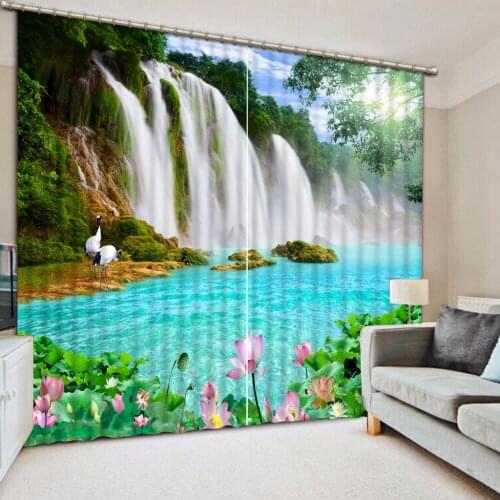 Photo Customize size 3D Curtain Waterfall Scenic Lotus Curtain Living Room 3D Bathroom Curtain 3D Curtain Blackout